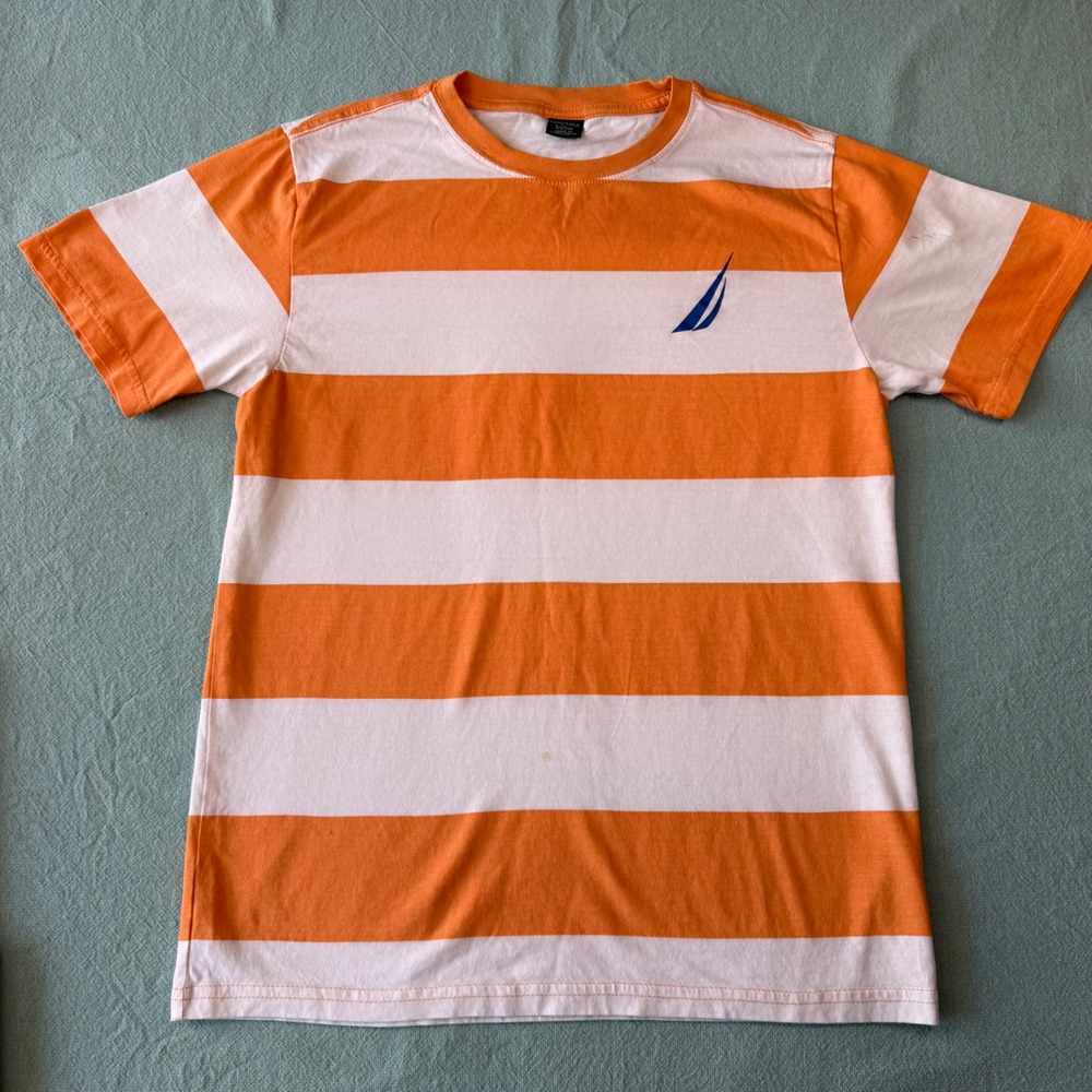 Nautica Boys Orange White Striped Short Sleeve T-Shirt Size L 14/16 Logo Tee - Picture 1 of 5